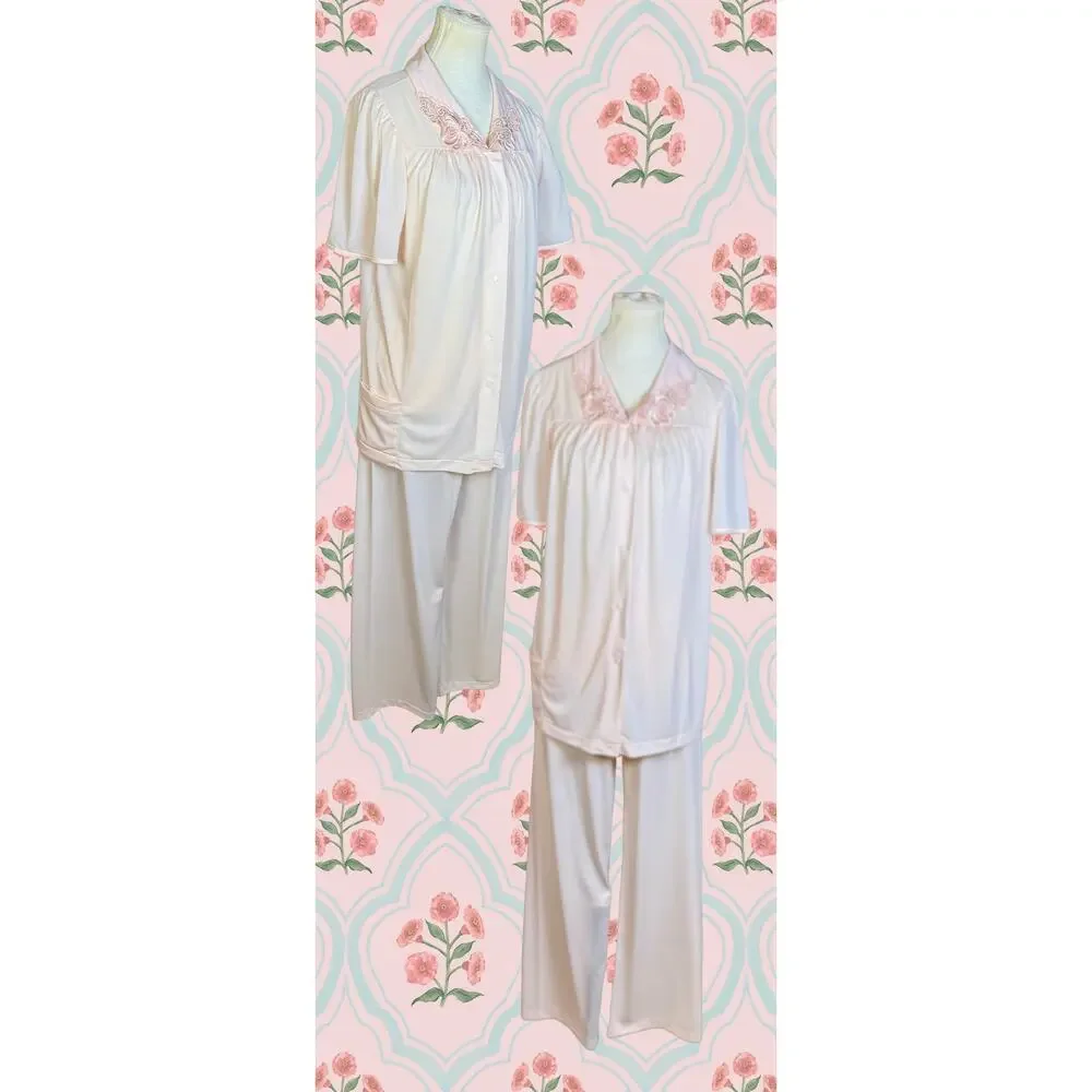 Vintage 70s Shadowline Pink Floral Lace Top Wide leg Pant Pajama Set Size 34/S